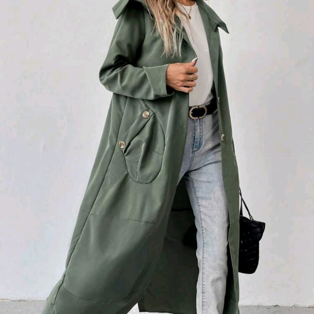 Casual Solid Color Double Pocket Long Jacket - Picture 1 of 7